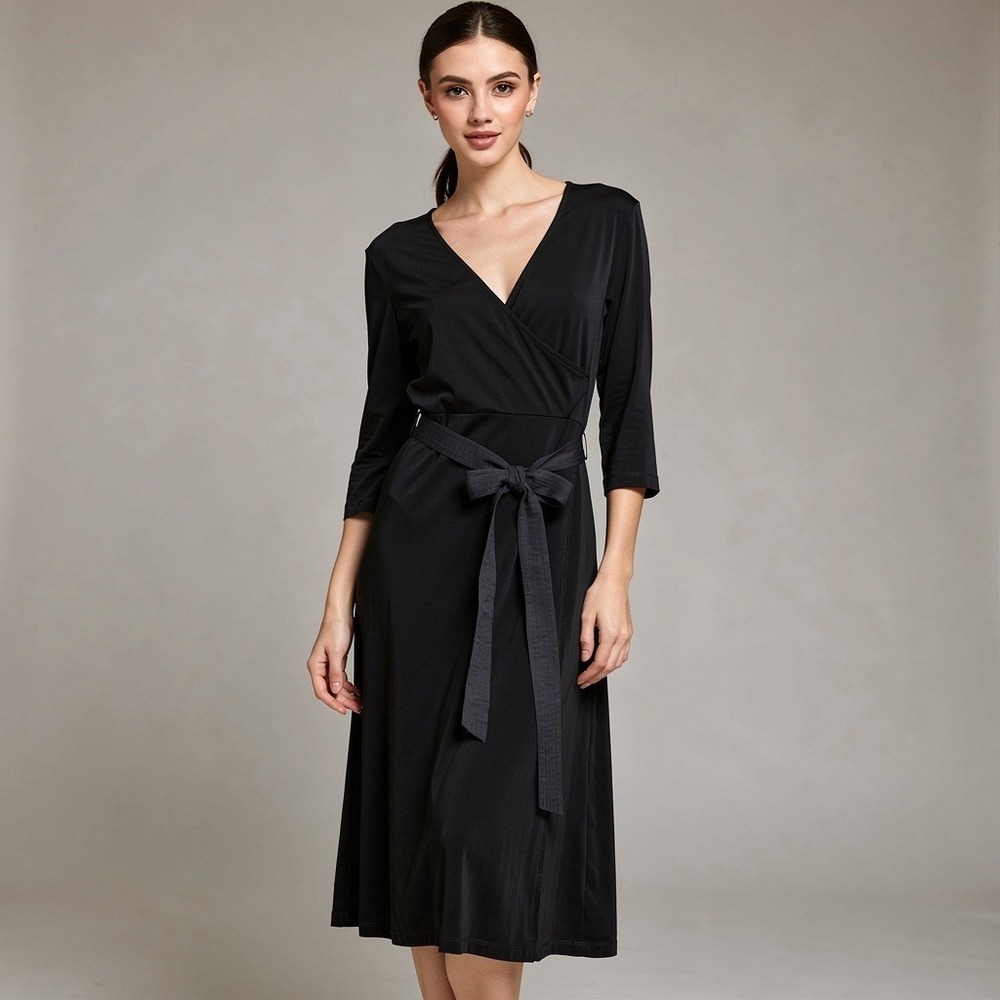 Chico's Travelers Black Wrap Midi Dress 3/4 Sleeve Tie‎ Waist Size 2 L Large